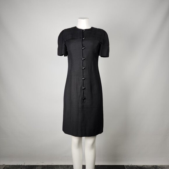 Vintage Richard Warren Bonwit Teller Black Linen Button Up Sheath Dress Size S - Picture 1 of 15